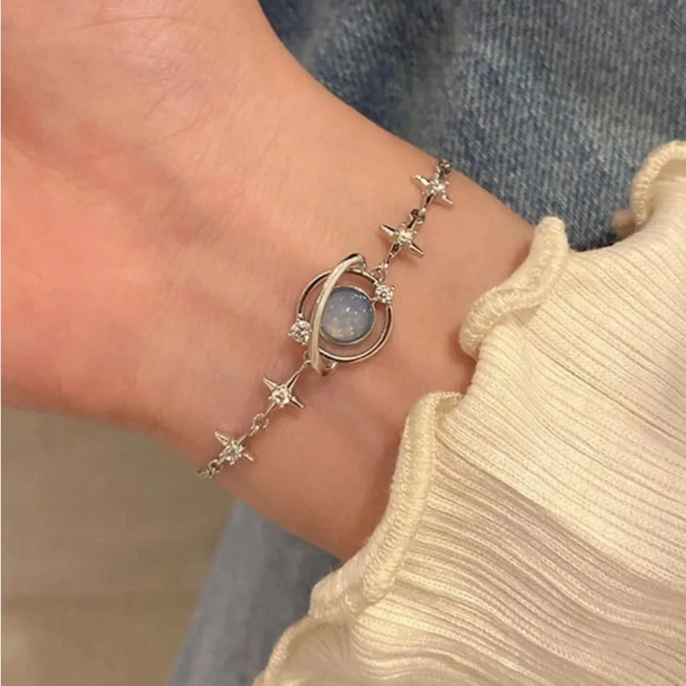 ⚠️Clearance Galaxy Blue Planet Pendant Silver Bracelet - Picture 1 of 5